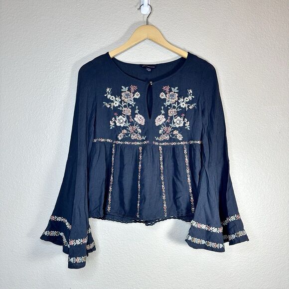 American Eagle Outfitters Tops - American Eagle XS Navy Embroidered Peasant Top Boho Bell Floral Bell Sleeve